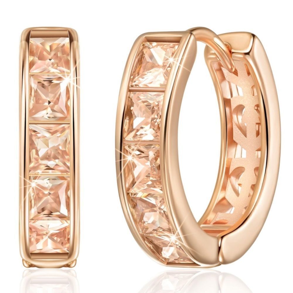 14K Rose Gold with Peach Morganite Cubic Zirconia Princess Cut Huggie Earrings